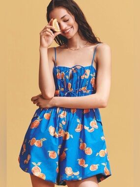 FARM Rio x Anthropologie Orange Printed Smocked Sleeveless Romper Size M NWT